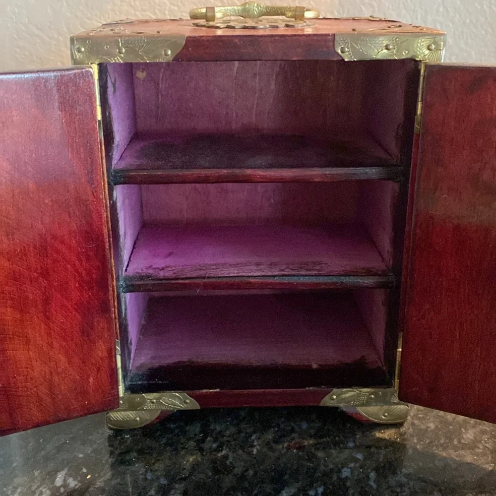 Antique Chinese Rosewood Jade Inlay Brass Hardware Wooden Jewelry Box